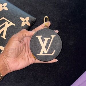 Louis Vuitton Black & Beige Round Zip Coin Case with Gold Hardware